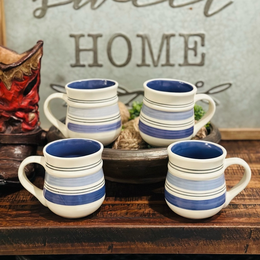 Pfaltzgraff Rio Coffee Cups Set of 4 Stoneware Mugs Two-Tone Blue Stripes